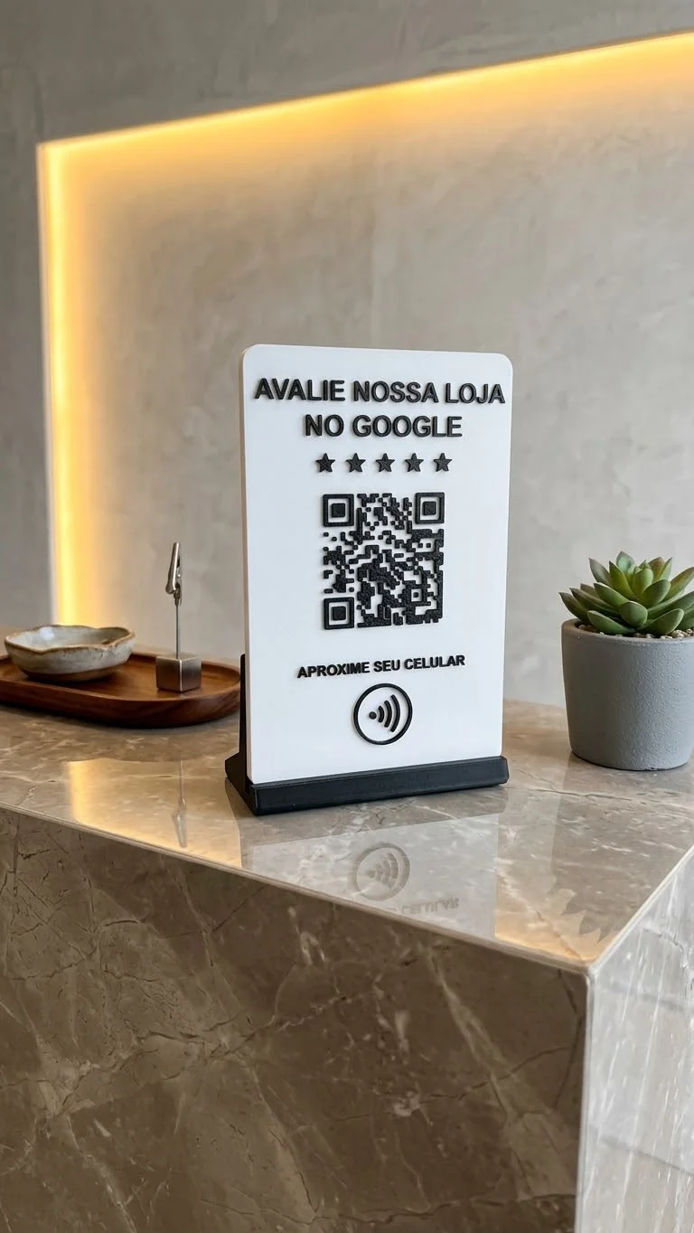 Display NFC produzido pela NotaCinco 3D sobre um balcão
